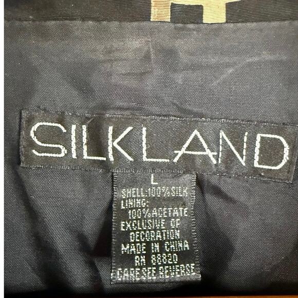 100% Silk Zip-Up Blouse Women's Large Abstract Black/Beige Print Vintage - Picture 5 of 9